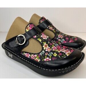 Alegria Sz EU40 US 9-9.5 Non Slip Black Floral Clogs Slides Open Back Wedge